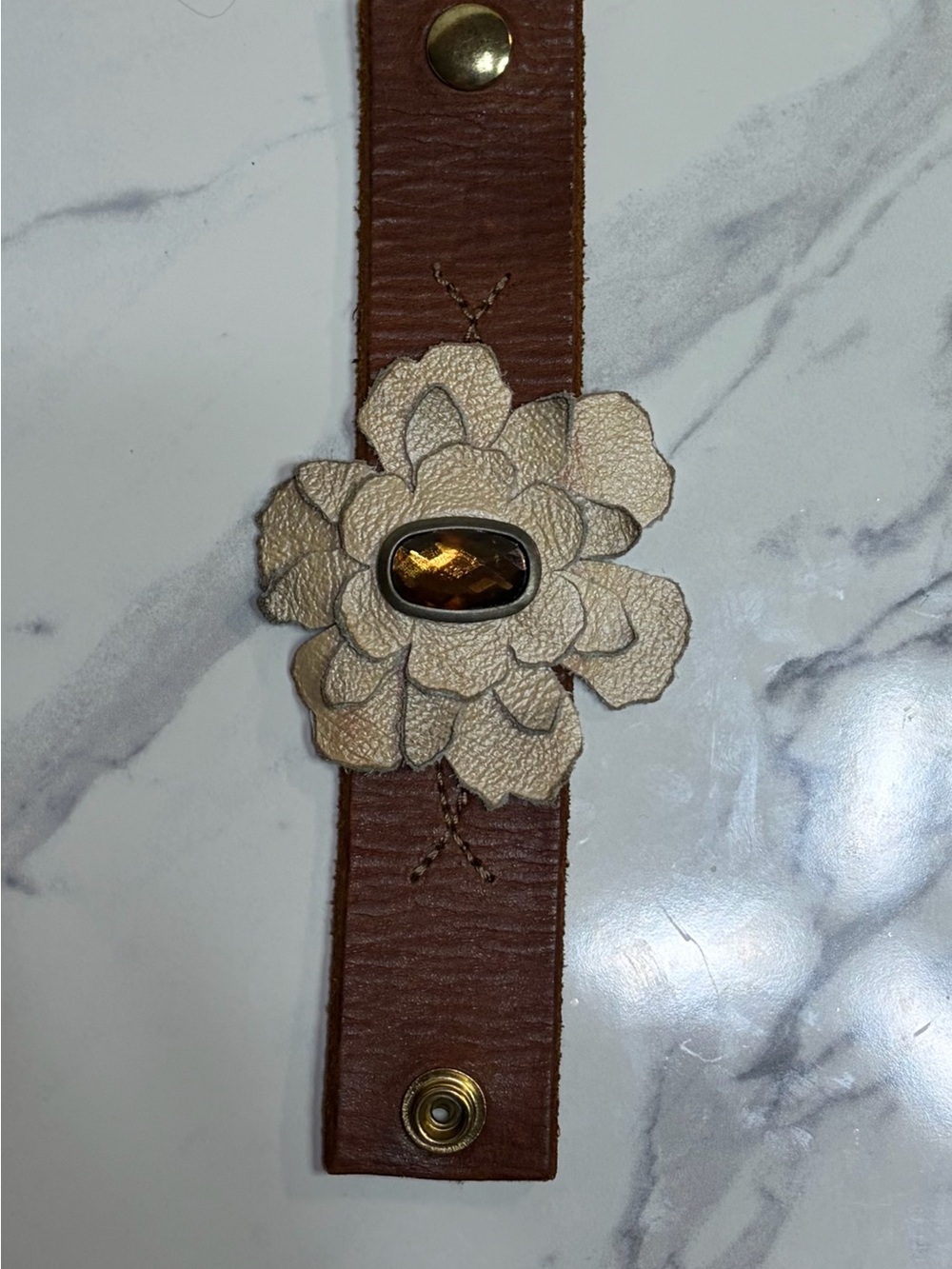 Artisan Brown Leather Bracelet with Cream Flower and Amber Gem